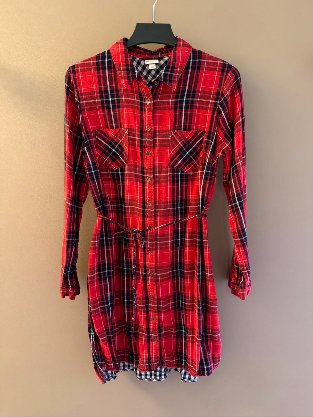 Red & Navy Plaid Button-Down Shirt-dress with matching waist tie